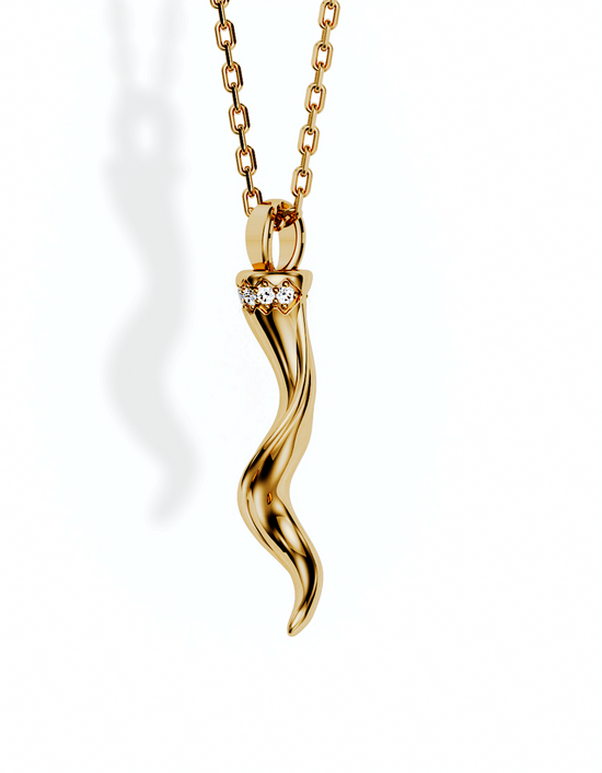 Fortuna Horn Necklace, Diamond Crown 14k Gold