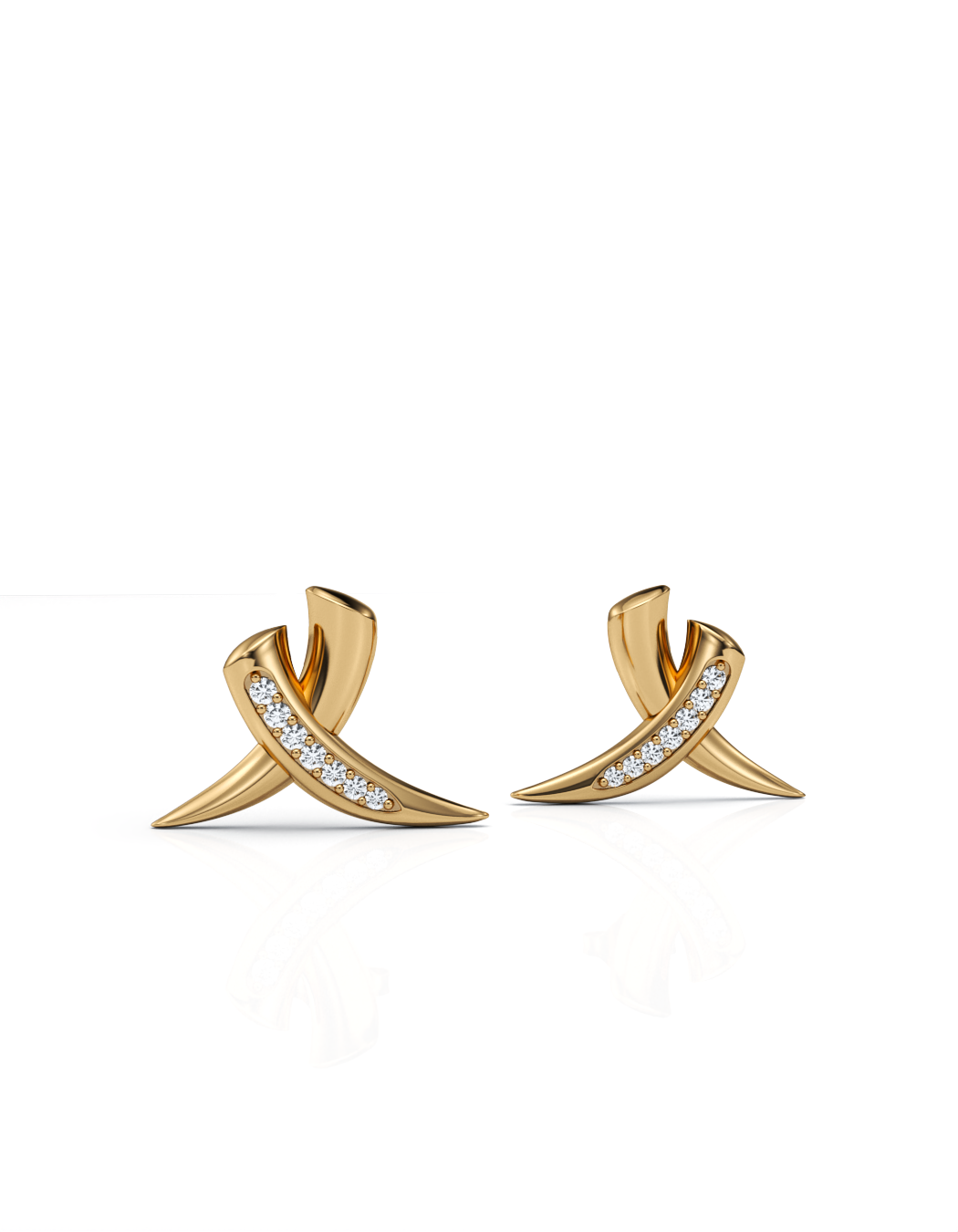 15mm Crossed Tusk Studs with Diamonds 14K Gold